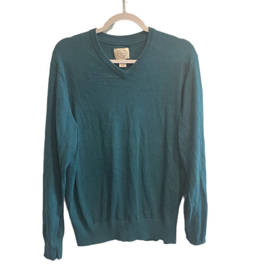 St Johns Bay V Neck Sweater Teal Blue Long Sleeve Size L Lightweight Knit Mens